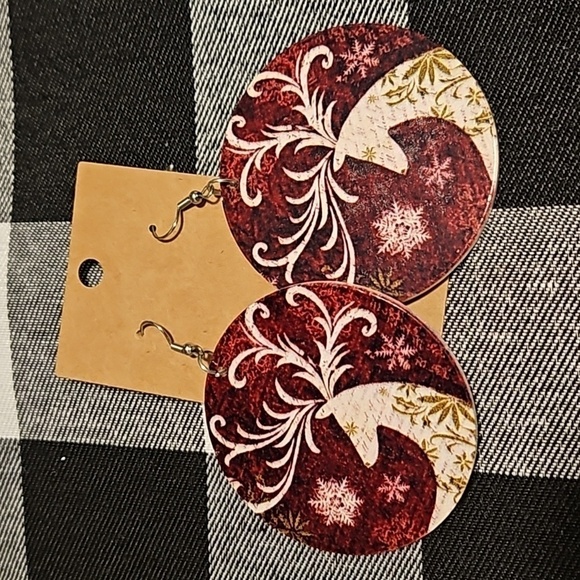 Wooden handmade Christmas  Deer earrings Red & White New 2 1/2 Circles - Picture 2 of 6